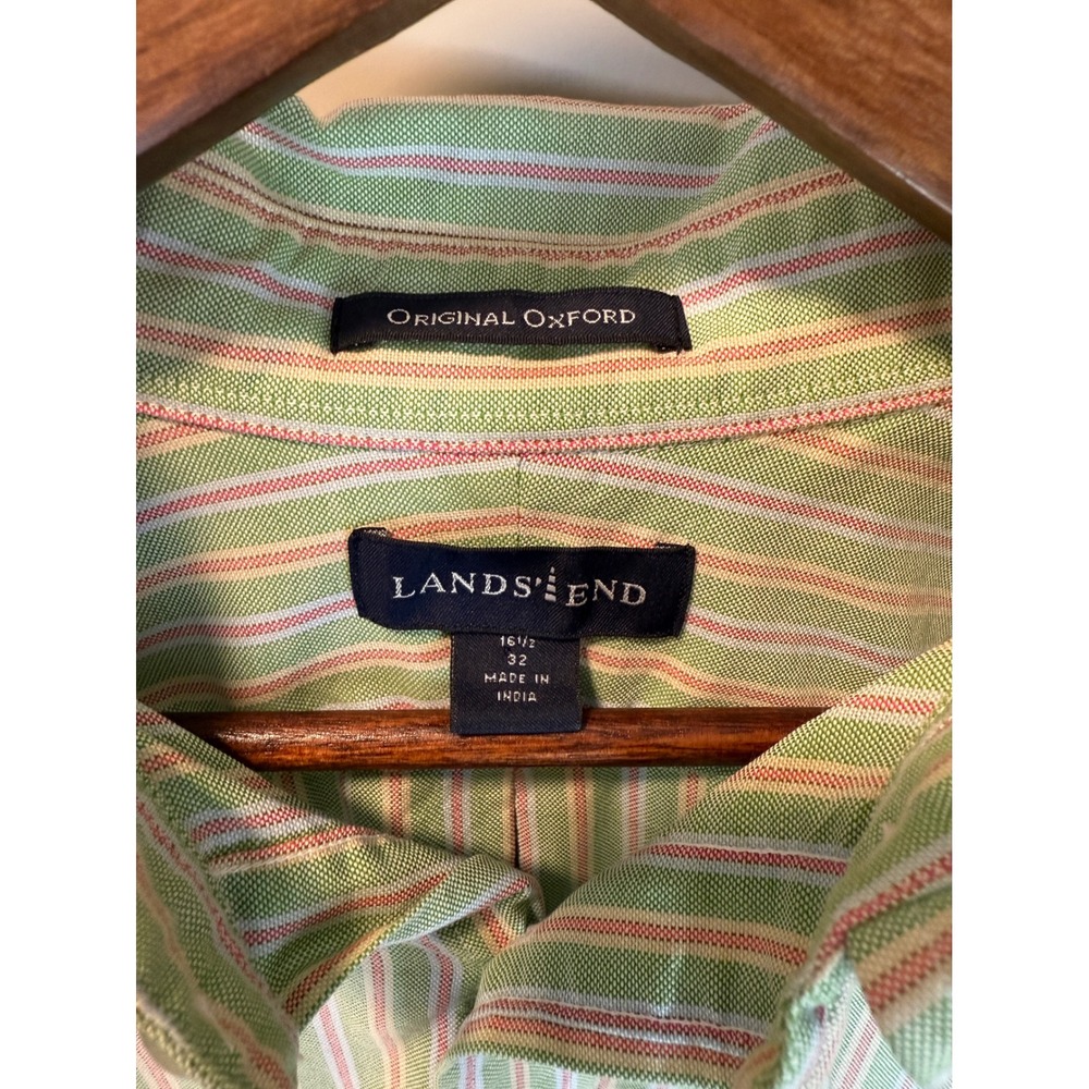 Lands' End Original Oxford Button Down Shirt Size 16.5 / 32 Green Pink Stripe - Picture 6 of 8
